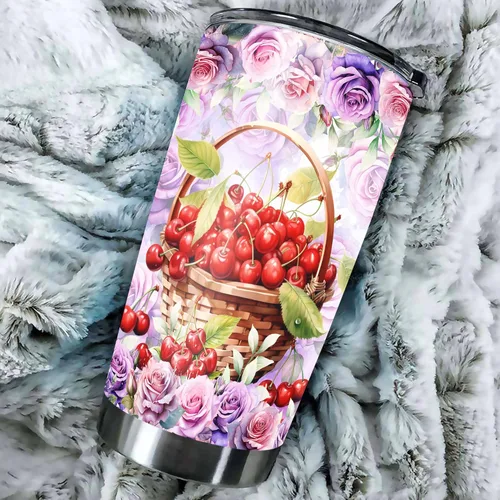 Vista 5 de Vaso personalizado de cereza con tapa, flores, colorido, nombre personalizado, taza aislada, taza de viaje para niñas, mujeres, amantes