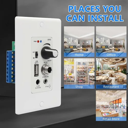 Vista 3 de Amplificador de pared compatible con Bluetooth 4 canales, control de volumen, placa de pared con entradas USB/MIC/AUX (0.138 in) Bloque