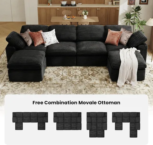 Vista 3 de KKL Sofá modular de 150 pulgadas, sofá modular en forma de U con otomana, sofá de pana sin hueso para sala de estar y dormitorio, sofá modular Negro