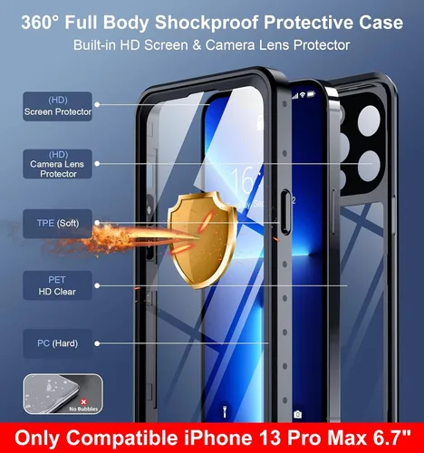 Vista 5 de SPIDERCASE Solo diseñada para el iPhone 13 Pro Max, funda impermeable, lente incorporada y protector de pantalla, protección completa de alta