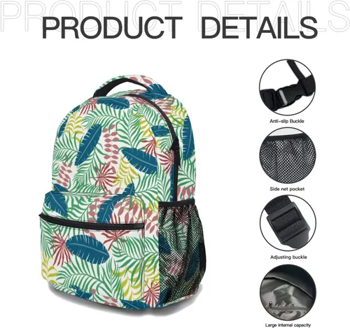 Vista 7 de Mochila escolar de hombro, mochila informal para viajes, deportes al aire libre, para mujeres, niñas, niños y adolescentes, Hoja Hawaiana, Tropical