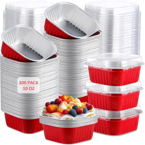 Vista 8 de Aoriher 300 piezas de moldes mini para pasteles de 10 onzas con tapas, moldes de papel de aluminio para hornear, moldes cuadrados desechables