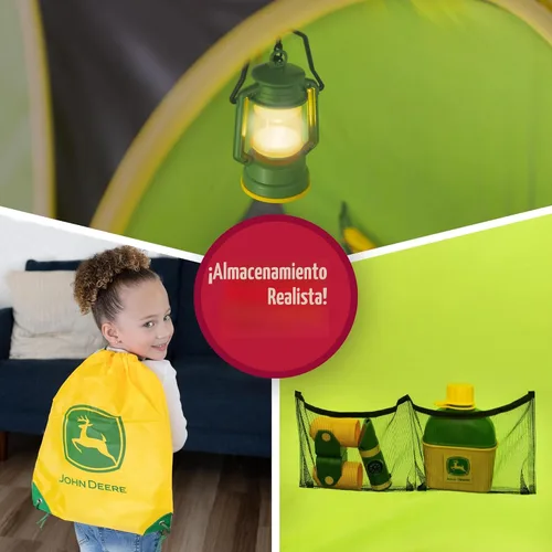 Vista 5 de John Deere Tienda de campaña emergente, juego de 18 piezas que incluye cantimplora, platos, utensilios, comida de juguete, ollas, binoculares