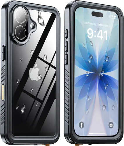 Vista 48 de ANTSHARE Funda impermeable IP68 para iPhone 16, negro/transparente Lente incorporada/protector de pantalla, protección militar contra caídas, funda