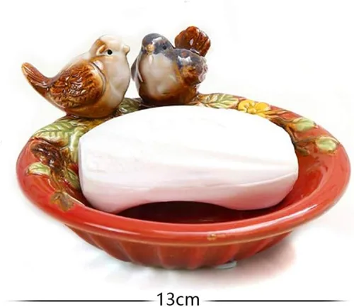 Vista 2 de ornerx Jabonera de cerámica de 5 "para ducha, bandeja de jabón vintage, tema de pájaro, bandeja