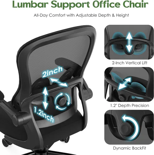 Vista 3 de Silla de oficina ergonómica – Silla de escritorio ergonómica – Silla de oficina cómoda de malla para el hogar con ruedas, soporte lumbar ajustable