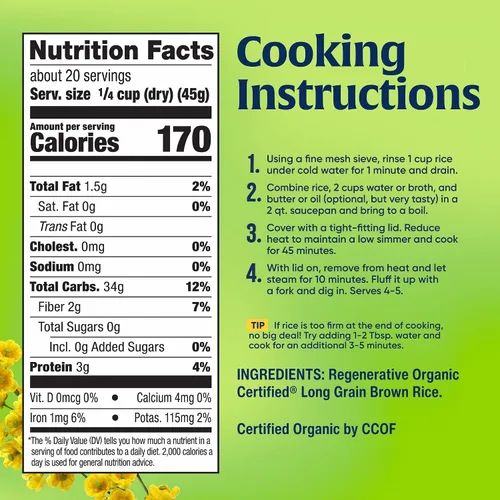 Vista 3 de Lundberg Arroz integral orgánico regenerativo de grano largo, Kosher, certificado orgánico por USDA, sin gluten y sin OMG, 32 onzas (paquete de 1)