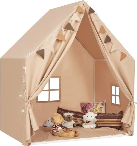 Vista 10 de Tienda de campaña para niños con tapete acolchado y luces LED en estrella para niñas y niños de 4-8-10 años, gran casa de juegos linda