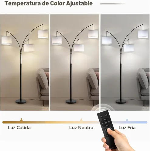 Vista 5 de Lámpara de pie con control remoto, lámparas de pie de arco de 3 luces para sala de estar, lámparas de pie altas de 2400 lm con pantallas blancas