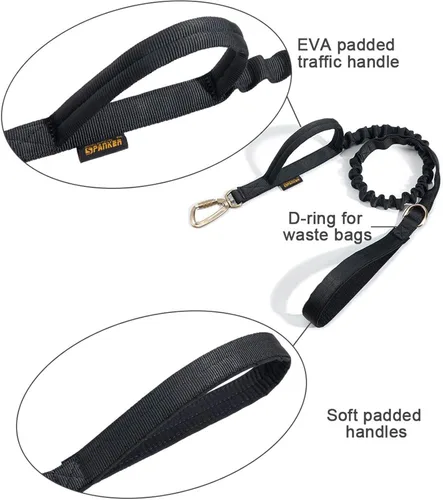 Vista 7 de EXCELLENT ELITE SPANKER Correa táctica militar para perro, clips de gancho de aluminio espaciales, correa elástica para perro con 2 asas de control