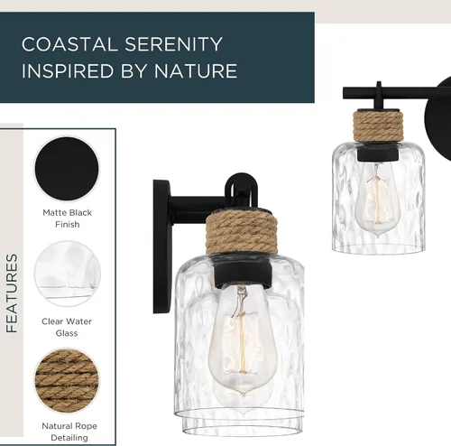 Vista 2 de Quoizel Naturals Baltic - Luces modernas de tocador de 14.5 pulgadas, 2 luces, estilo costero, color negro mate y cristal de agua transparente