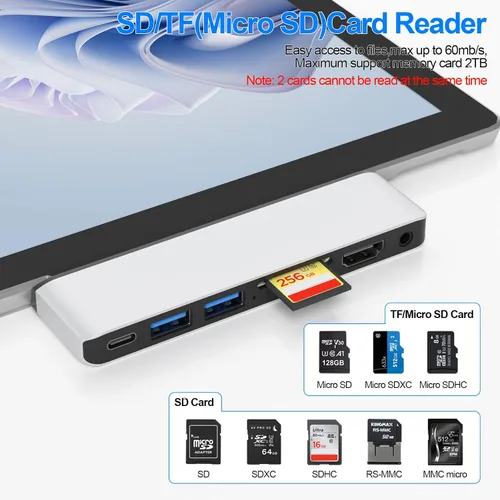 Vista 7 de Estación de acoplamiento para superficie con HDMI 4K, USB-C Thunderbolt 4 (pantalla+datos+100 W PD), 2 USB 3.0, audio de 0.138 in, lector