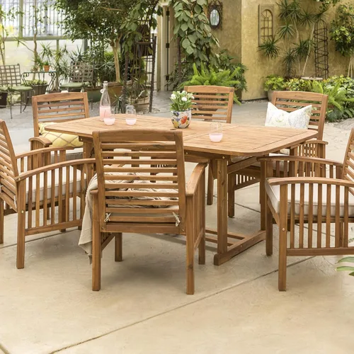 Vista 2 de Walker Edison Dominica - Moderno juego de mesa de comedor y banco de madera de acacia para exteriores (3 piezas)