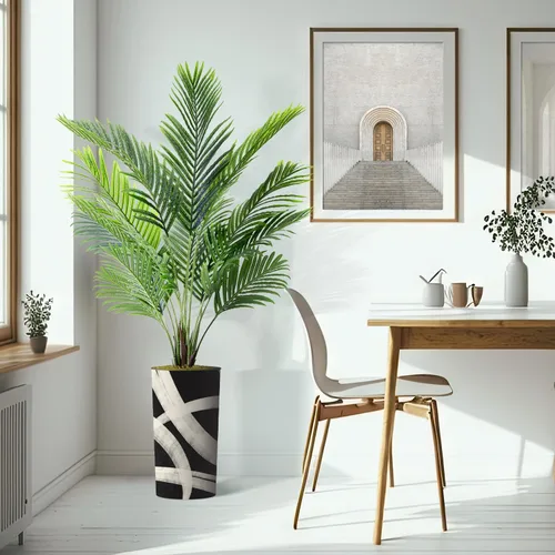 Vista 6 de Árbol artificial en macetero con patrón geométrico, palmera tropical areca artificial de seda para decoración del hogar en interiores y exteriores