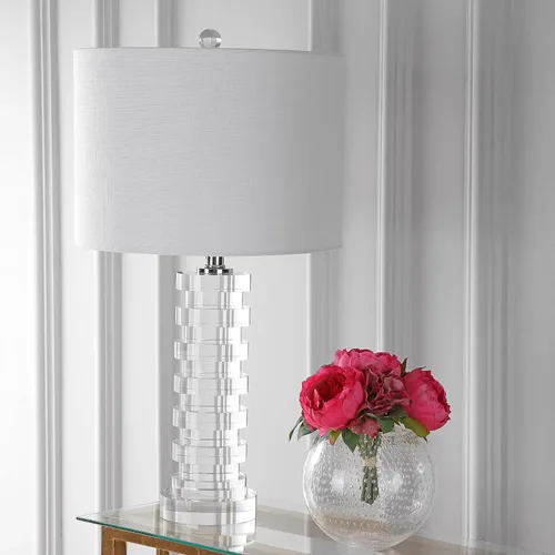 Vista 8 de JONATHAN Y Lámpara de mesa LED de columna geométrica escalonada de cristal transparente de 25 pulgadas, lámpara de noche moderna para sala de estar