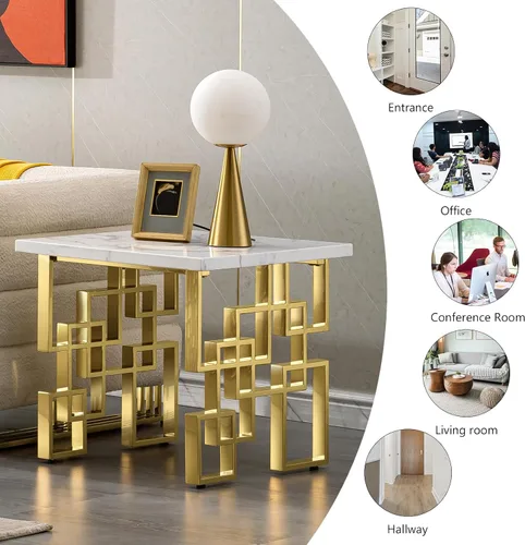 Vista 5 de AUZ Mesa auxiliar dorada, moderna mesa auxiliar cuadrada para sala de estar con parte superior blanca y base geométrica de metal dorado espejado