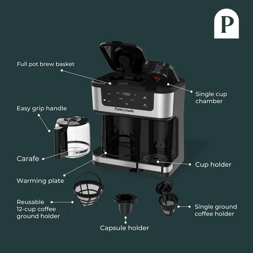 Vista 11 de Pantrymade - Cafetera de doble preparación, 12 tazas de goteo y taza K de una sola porción, color negro Brew A Full 12-Cup Carafe Or A Single