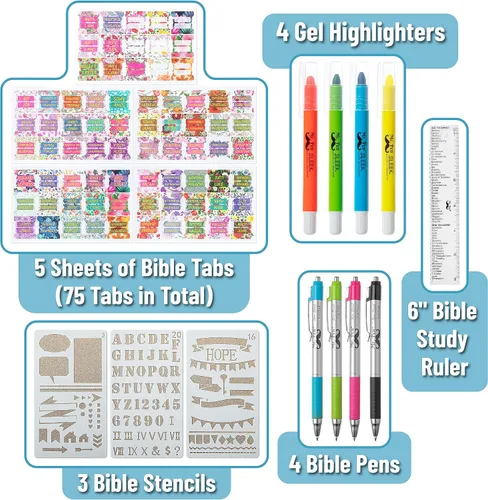 Vista 2 de Mr. Pen - Kit de diario bíblico con marcadores/resaltadores de Biblia y bolígrafos sin derrames, pestañas de Biblia, plantillas, regla, regalos
