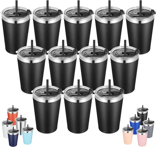 Vista 17 de VEGOND - Vaso térmico de acero inoxidable de 12 onzas con aislamiento al vacío de doble pared, vaso para viaje con tapa y pajita reutilizable Negro