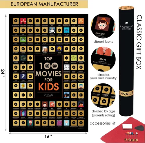 Vista 3 de Póster de películas para niños para raspar - Mapa de lista de deseos de los 100 mejores niños - Póster de cine para niños rascador grande - Tabla