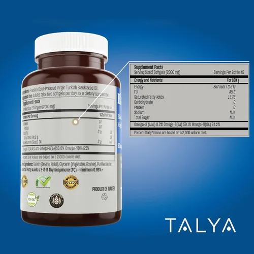 Vista 7 de TALYA Softgel de aceite de semilla negra con alta timoquinona, apoyo inmunológico, salud digestiva, función cerebral, movilidad articular, prensado