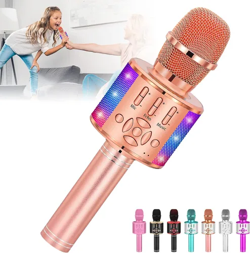 Vista 11 de Amazmic Máquina de Micrófono de Karaoke para Niños, Micrófono Bluetooth Portátil, Micrófono de Karaoke Inalámbrico de Mano con Luces LED, Regalo