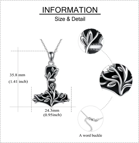 Vista 4 de Thor Hammer Necklace 925 Sterling Silver Mjolnir Tree of Life Pendant Necklace Viking Vegvisir Jewelry for Women wife Mom