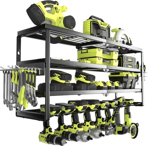 Vista 12 de MOOMSINE Organizador grande de herramientas eléctricas para montaje en pared con estación de carga para garaje, estante de almacenamiento de metal