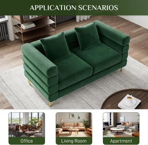 Vista 7 de OUYESSIR Sofá Cloud para sala de estar, cómodo sofá biplaza de terciopelo de 59 pulgadas con 2 almohadas y patas doradas, moderno asiento de dos