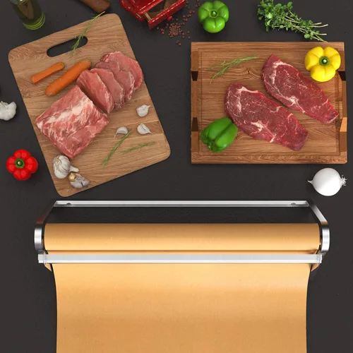 Vista 4 de HFS (R) Portarrollos de papel kraft para carnicero, cortador dispensador de acero al carbono de 18 pulgadas, montado en la pared o mesa con barra