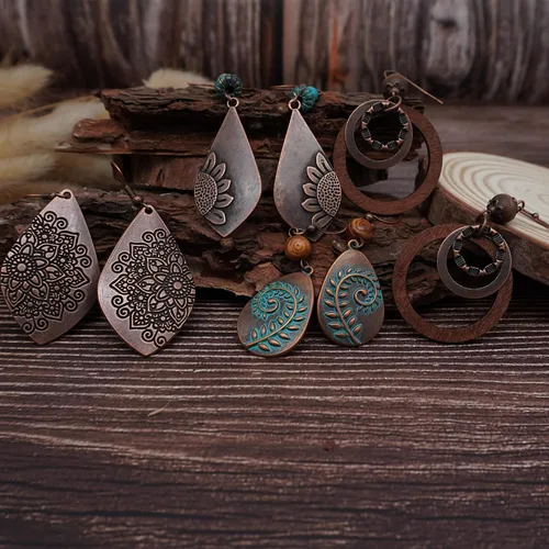 Vista 4 de 11 pares de aretes colgantes vintage para mujer, juego de aretes bohemios, aretes colgantes de flores retro, aretes colgantes de lágrima, sol y luna