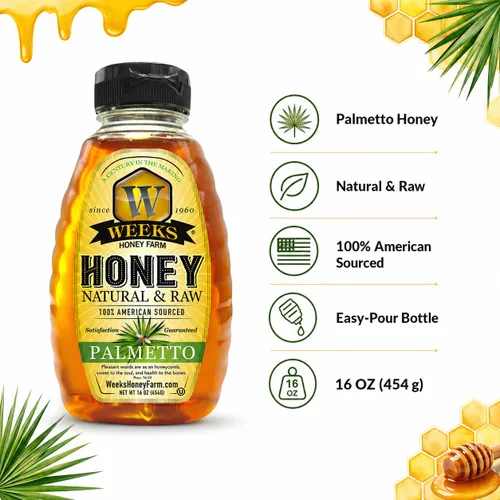 Vista 7 de Weeks Honey Farm Palmetto Honey – 16oz Squeeze Bottle 100% Raw & Unfiltered Pure Honey Natural Superfood Rich in Vitamins, Minerals &