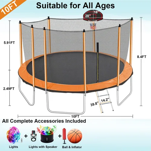 Vista 6 de Yoluckea 1500 libras 10 12 14 15 16 pies para adultos y niños con rociador, luces, aro de baloncesto, bolas de agua, 16 calcetines, trampolín