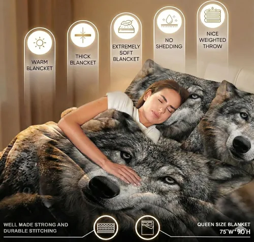 Vista 3 de Manta con diseño de lobo, 3.5 libras, ultra suave, de felpa, cálida