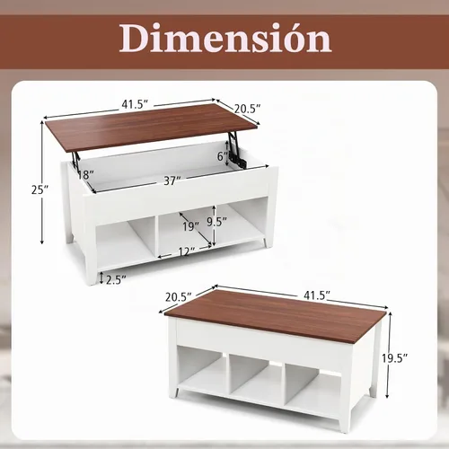 Vista 3 de Tangkula Mesa de centro de madera con tapa elevable, almacenamiento de té moderno con compartimento oculto y estante de almacenamiento abierto