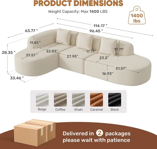 Vista 2 de Sofá modular de 114 pulgadas, moderno sofá deshuesado en forma de L con asiento profundo de gran tamaño, sofá nube para sala de estar, dormitorio