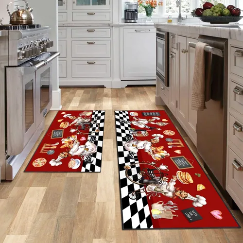 Vista 3 de Juego de alfombras de cocina para chef 2 piezas, alfombra de piso de estilo granja de estilo rústico, decoración de alfombras absorbentes y lavables