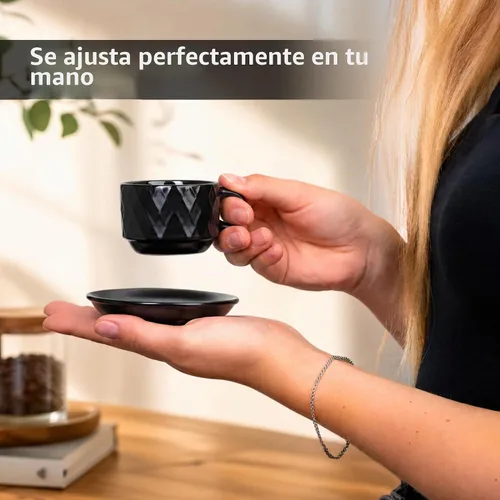 Vista 2 de MIAMIO - 6 tazas de café expreso de gres de 2.5 onzas, juego moderno de tazas con soporte y platillos - Colección Palmanova (negro) Ceramic