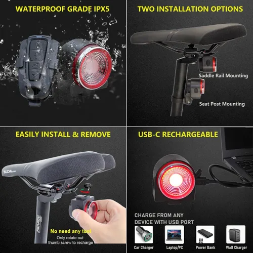 Vista 6 de Padonow Smart Bike Tail Light: Auto On/Off Rear Bicycle Flashlight Ultra Bright Back Brake Light High Lumen Daytime Strobe USB Rechargeable Safety