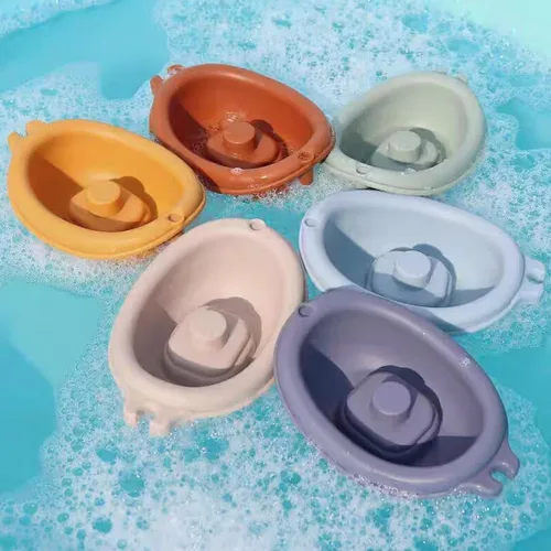 Vista 6 de Juguete de baño para bebé, apilable, juguetes de bañera para bebés, flotante, tren de barco con marionetas de dedo de animales, juguete de baño