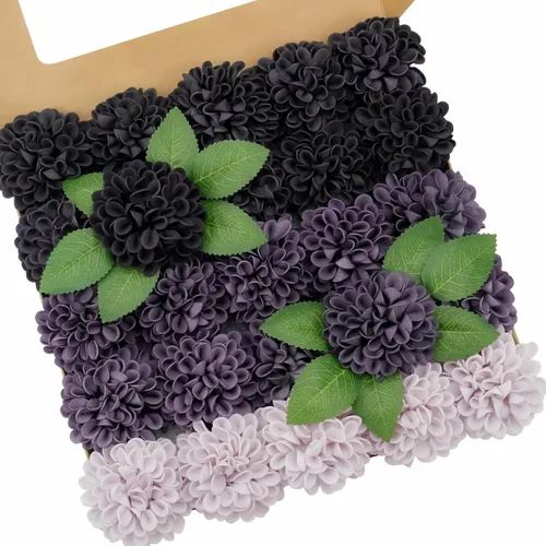 Vista 15 de Flores artificiales, 25 piezas, rosas artificiales realistas para ramos de novia, centros de mesa, arreglos, flores de Dalia negras con tallo