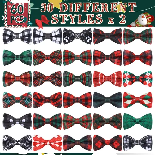 Vista 4 de Silkfly 60 piezas de collar de perro a cuadros de Navidad, corbatín a granel, accesorios de vacaciones, lazos para cachorros, collares desmontables