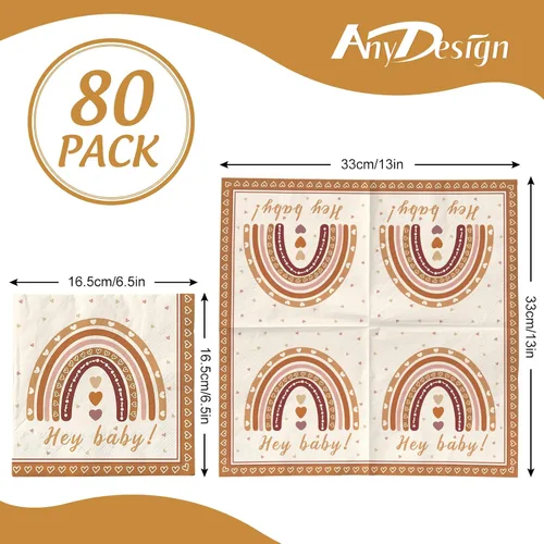Vista 2 de AnyDesign Paquete de 80 servilletas de papel boho arcoíris Hey Baby Party Luncheon Servilletas retro desechables decorativas para baby shower