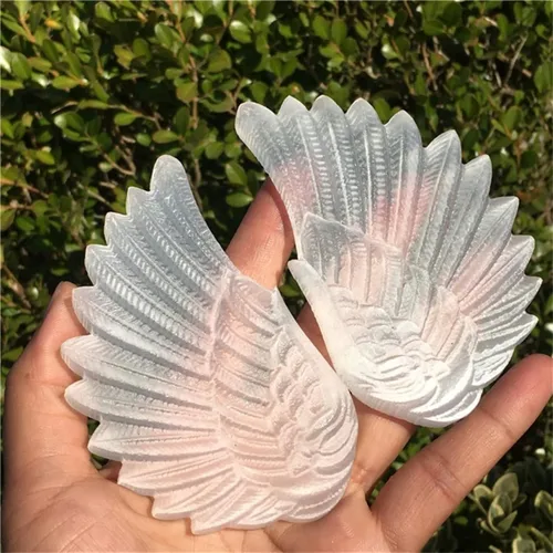 Vista 6 de Selenita natural, un par de alas con stents dorados, alas de ángel talladas a mano, muestras minerales, decoración del hogar, curación de reiki