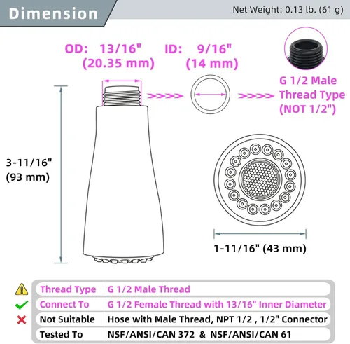 Vista 2 de Reemplazo de cabezal de llave de cocina Angle Simple, conector macho de rosca de G 1/2 o 13/16 pulgadas, probado según NSF/ANSI/CAN 61 y 372