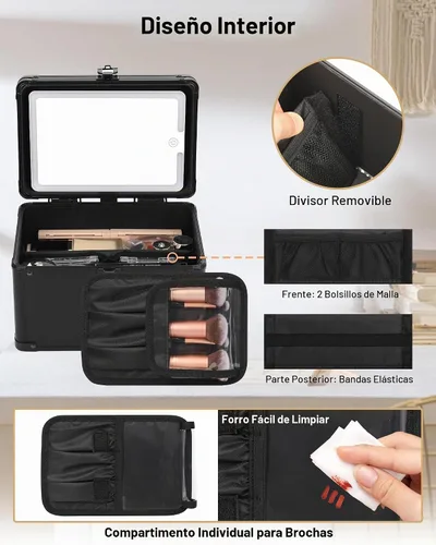 Vista 5 de Relavel Estuche de maquillaje con espejo LED, 01-Negro, Bolsa de maquillaje de viaje con espejo LED para niñas Compact Cosmetic Makeup Organizer