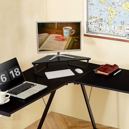 Vista 6 de TEAMIX Soporte de monitor triangular de 26 pulgadas, estante de esquina de escritorio con patas de metal, soporte de computadora de madera