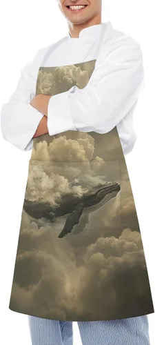 Vista 4 de MUSM Apron for Adults - 27.6 X 31.5 Inch, Heavy-Duty Polyester Aprons with Two Large Pockets, Waterproof Whale in The Clouds Kitchen Apron for
