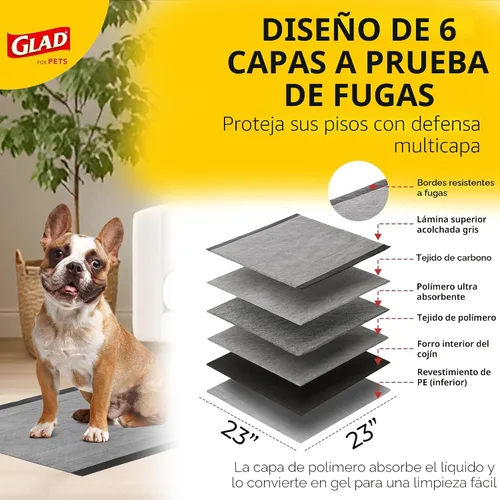 Vista 3 de Glad para Mascotas Almohadillas para Cachorros de Carbón Negro - Almohadillas Desechables Súper Absorbentes para Orina de Perro, Almohadillas