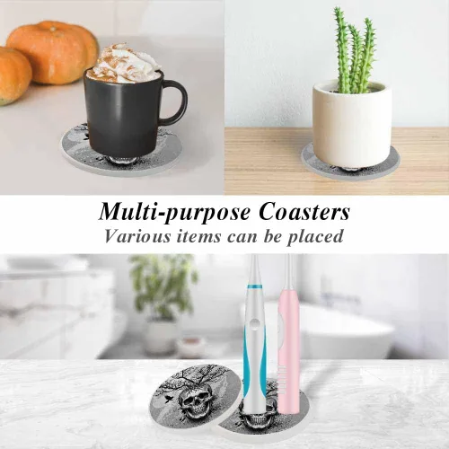 Vista 3 de oFloral Juego de 2 posavasos con diseño de calavera para bebidas, diseño de árbol blando de pájaros, creativos, para decoración del hogar, 4
